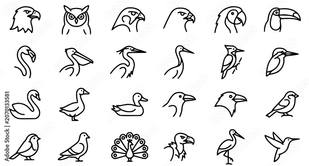 Fototapeta premium Wild Bird Black Line Icon Set Collection with Eagle Owl Parrot and Waterfowl Outline Vector Isolated