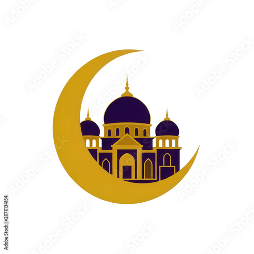 Mosque Silhouette Inside Golden Crescent Moon Transparent Background