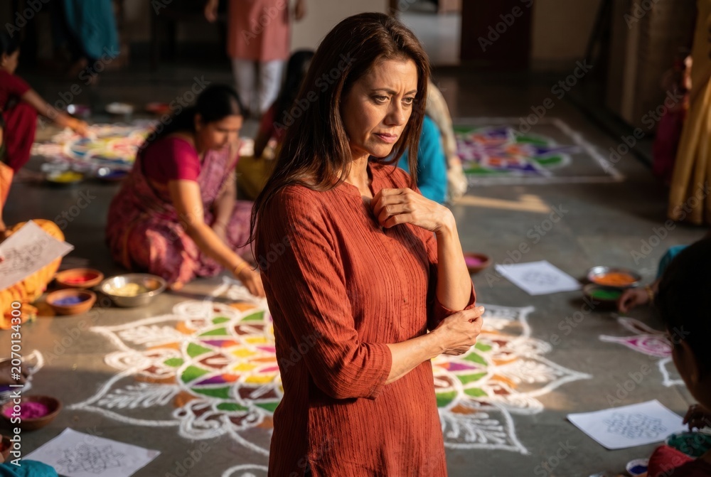 Fototapeta premium Woman standing with a serious expression, observing others creating colorful rangoli patterns on the floor