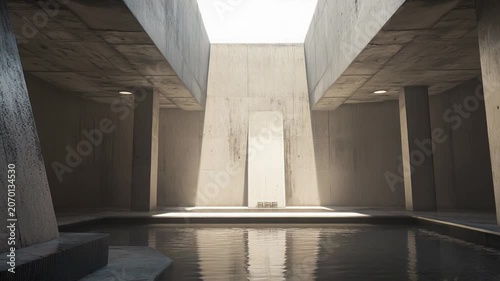 Modern brutalist architecture featuring raw concrete walls, a large skylight illuminating a water pool, and creating strong light and shadow reflections on the structure