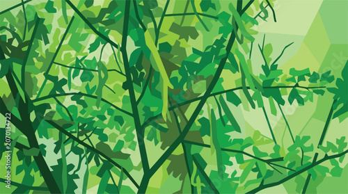 Obraz na płótnie Abstract green foliage vector background, stylized forest leaves and branches il