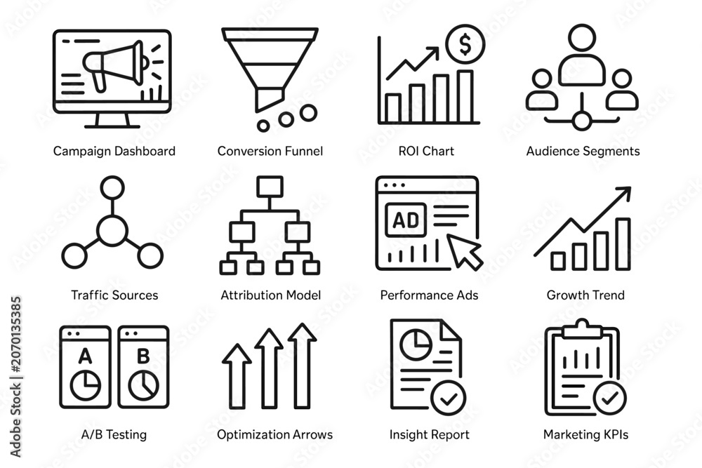 Fototapeta premium Marketing Analytics Icons. Marketing analytics intelligence. Line outline icon set of Marketing analytics