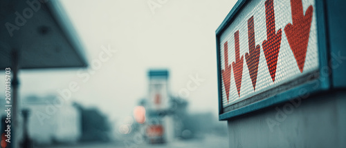 Vintage gas station sign with bold red arrows points the way on a foggy day, creating a nostalgic roadside atmosphere in soft, muted tones.