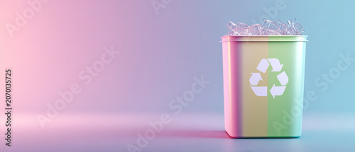 Modern recycling bin filled with ice cubes, set against a pastel gradient background. Ideal for sustainability, environment, and recycling concepts.