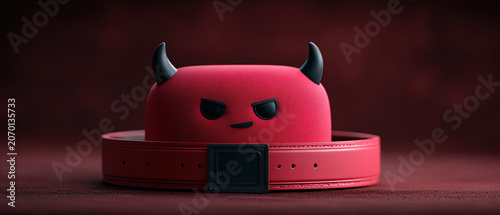 Red devil-themed headphone case with black horns and a matching red belt on a dark red background. Modern, playful, and stylish accessory concept.