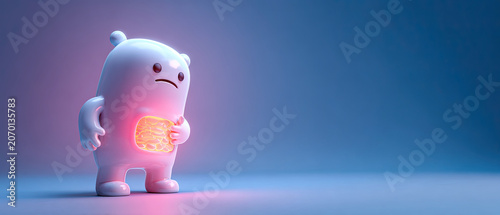 3D cartoon character holding glowing stomach, symbolizing digestive issues and gut health, with blue gradient background and copy space.