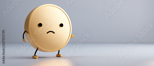 Gold coin with sad face and arms, standing alone on a smooth gray surface with copy space. Minimalist and whimsical concept for finance, loss, or emotional themes.