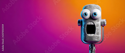 Retro microphone with cartoon eyes and mouth, expressing surprise against a vibrant orange and magenta gradient background. Fun, creative concept for entertainment and media.