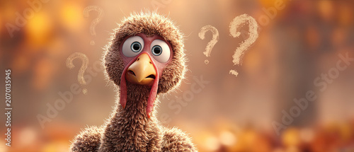 Cute cartoon turkey with a surprised expression, surrounded by question marks, set against a blurred autumn background.