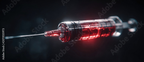 Close-up of a syringe filled with red liquid on a dark background, highlighting medical, pharmaceutical, and healthcare concepts.