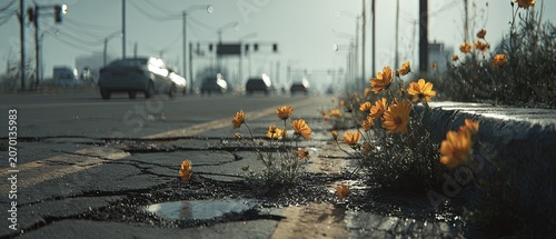 Yellow wildflowers growing through cracked asphalt beside a busy urban street, illustrating resilience and contrast between nature and city.