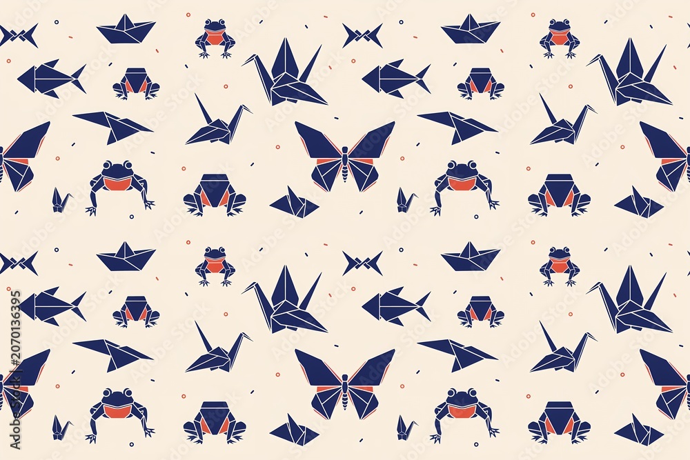 Fototapeta premium Seamless pattern featuring stylized origami paper animals including frogs, cranes, butterflies, and boats on a light beige flat background
