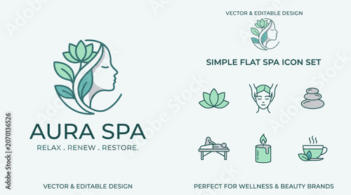 Aura Spa Logo Design with Beauty and Wellness Icons.