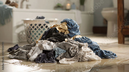 Pile of dirty laundry on floor in bathroom near washing basket. Dirty laundry scattered on bathroom floor