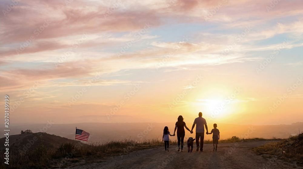 Fototapeta premium Happy family of four holding hands walking with their pet dog on scenic dirt trail during beautiful golden sunset with American flag flying in background landscape