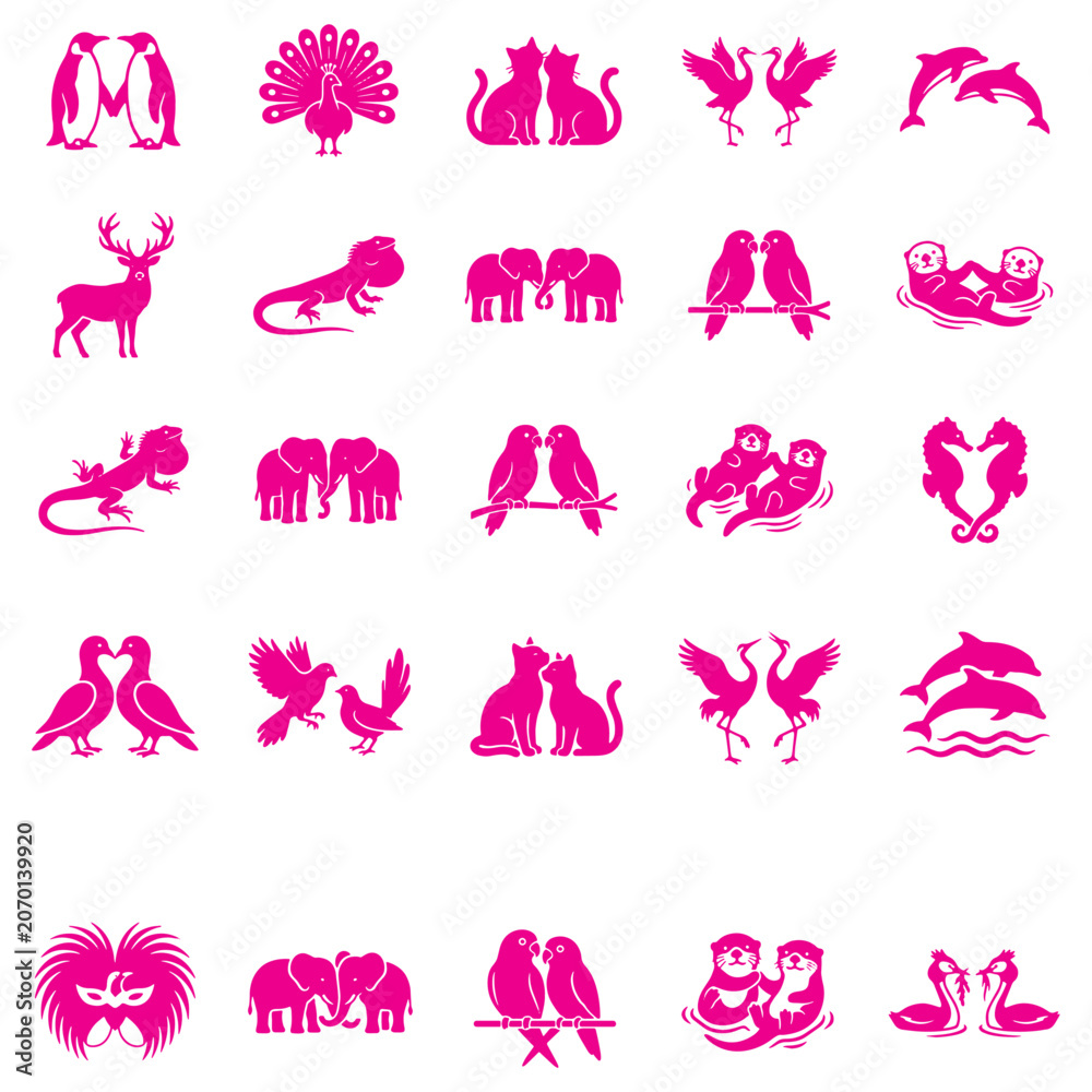 Fototapeta premium Animal Courtship Rituals and Wildlife Mating Pairs Silhouette Set, Fauna Heart Formations Elephant Trunk Intertwining Sea Otter Holding Hands and Lovebirds Vector Illustration