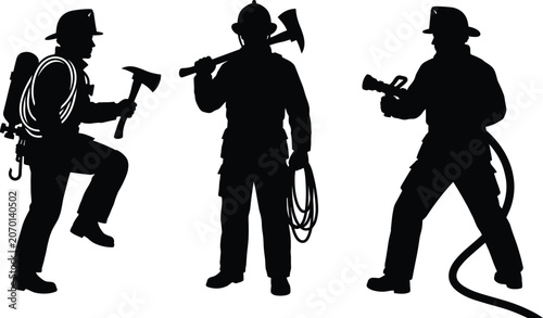 Bild auf Leinwand Firefighter silhouettes with equipment, fireman holding axe, rope, hose, emergen