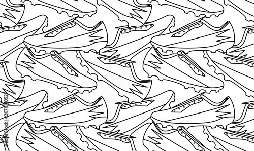 Seamless vector pattern featuring soccer cleats, soccer shoes,football boots, and athletic footwear in line art.for sports textiles, wallpaper, wrapping paper, packaging, and backgrounds