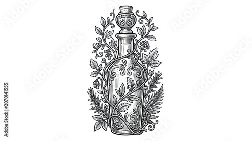 Obraz na plátně Ornate glass bottle entwined with botanical vines and leaves