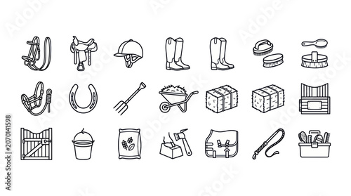 Foto Horse riding equipment and equestrian supplies line icon set