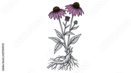 Foto Purple echinacea coneflower botanical plant with exposed roots