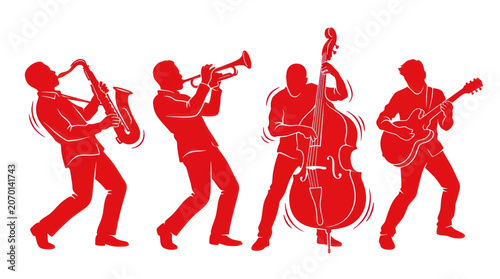 Photography Jazz band ensemble with saxophone trumpet double bass and guitar