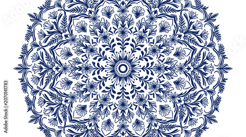 Blue botanical mandala with intricate floral and leaf patterns