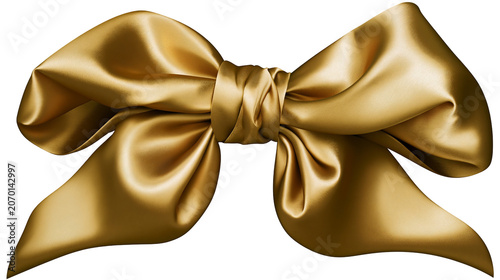 Fotografie Luxurious golden satin bow tied with knot, isolated on transparent background