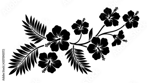 Black hibiscus flowers and tropical palm leaves silhouette branch design element for floral decoration and artistic patterns