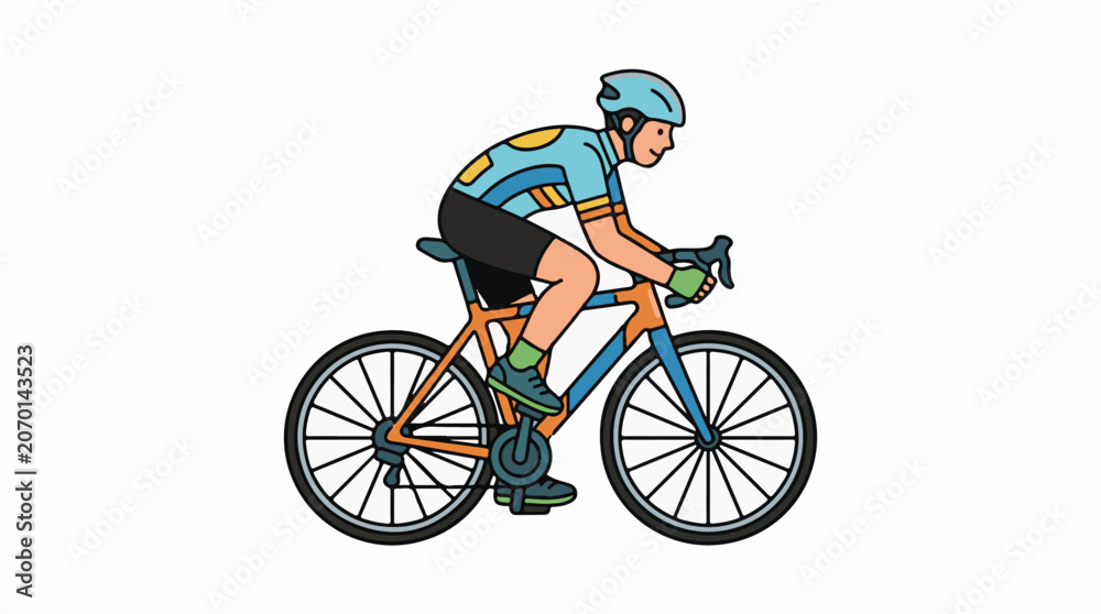 Obraz premium A cartoon man wearing a blue helmet and shirt rides an orange bicycle