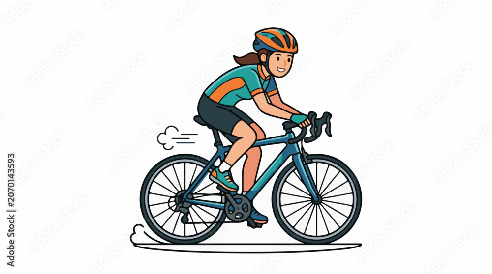 Obraz premium A woman in a teal and orange cycling outfit rides a blue bicycle