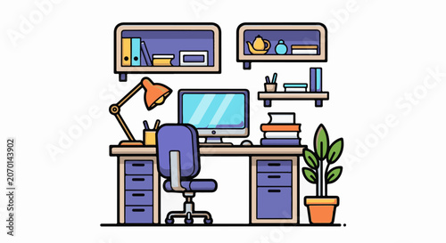A colorful cartoon office desk with computer and organized workspace