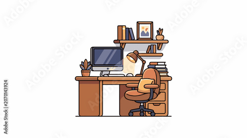 A cartoon-style illustration of a cluttered office desk with computer and chair
