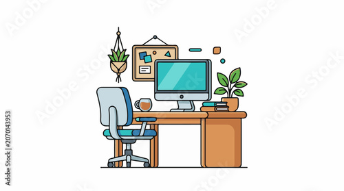 A computer workspace with a monitor, office chair, and plants on a desk