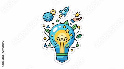 A lightbulb with a yellow filament and blue globe surrounded by symbols