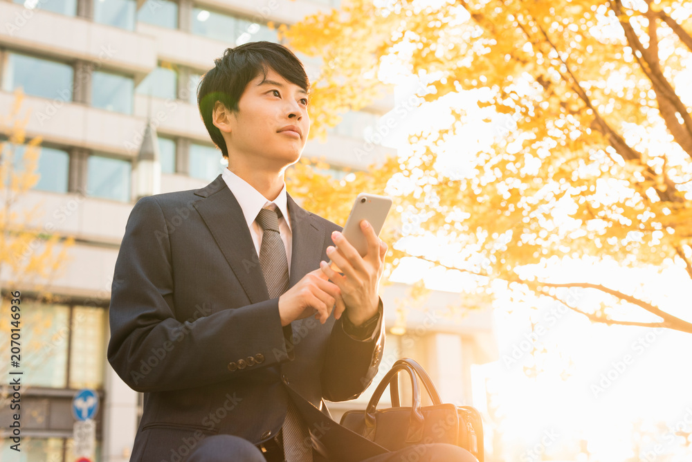 Fototapeta premium 銀杏の下のベンチに座る20代男性ビジネスマン