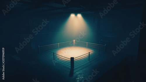 A high-angle view shows a boxing ring in a dark gym. A spotlight shines down on the ring, highlighting the area in the center while shadows fill the background, creating a tense atmosphere