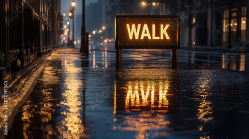 In a dark street, a puddle shows a blinking WALK sign. The sign's letters light up as ripples distort the reflection from a passing car. Rain creates a wet surface
