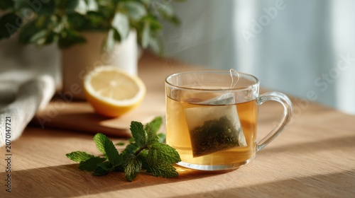 A tea bag is steeping in a glass cup filled with warm water on a wooden table. Fresh lemon and mint leaves sit nearby, with soft light illuminating the scene