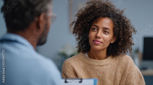 A doctor sits next to a young woman on an examination bed discussing insurance coverage with a clipboard in hand. They are in a healthcare clinic with soft lighting