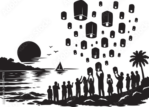 Silhouette of people releasing lanterns into the air at ocean