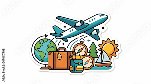 Colorful travel sticker with plane, luggage, globe and compass