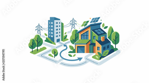 Colorful illustration shows a sustainable community with a house, solar panels, and greenery