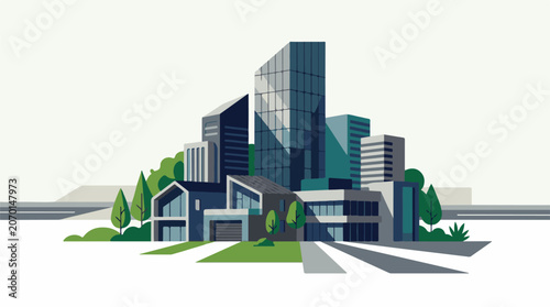 Modern cityscape with sleek skyscrapers and residential buildings