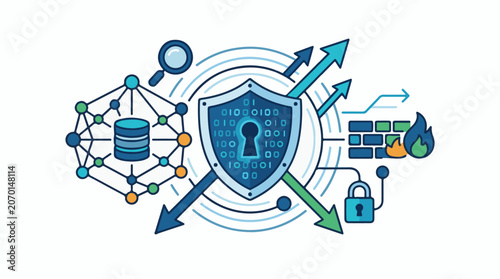 A blue shield with a keyhole and binary code surrounded by arrows, a database, and a firewall