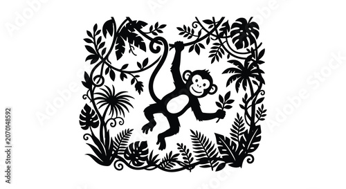 Tableau sur toile Monkey swinging from vines with tropical foliage black silhouette primate