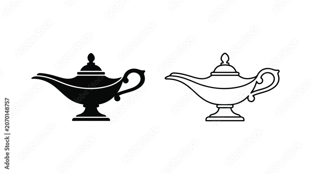 Fototapeta premium Magic Aladdin lamp vector icons, ancient oil lamp silhouette and line art set, mystical Arabian night genie lamp illustrations isolated PNG with Transparent Background