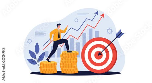 Businessman climbing up a staircase made of giant gold coins towards a target bullseye with a growth graph.