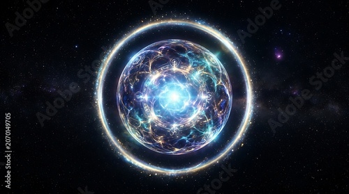 Glowing magical orb radiating intense blue light with intricate ancient golden symbols floating within a dark vast space background featuring sparkling stars and cosmic nebula clouds