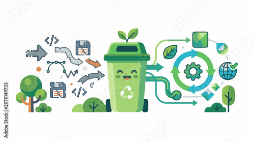 A green recycling bin with a smiling face and a plant growing out of it surrounded by eco-friendly symbols and arrows